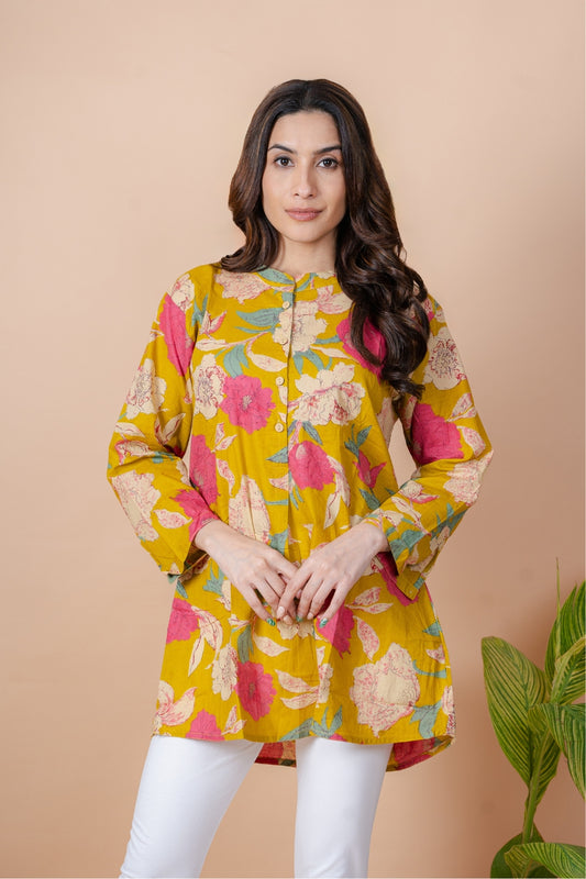 Ekisha's women mustard multicolor floral printed cotton tunic top short kurti, front view 