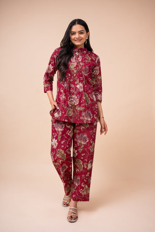 Ekisha's women dark pink multicolor floral printed cotton co-ord set lounge wear, front view