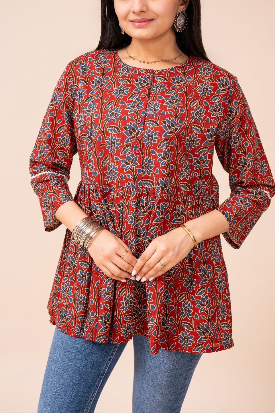 Ekisha's women marron ajrak floral printed cotton tunic top short kurti, detailed view