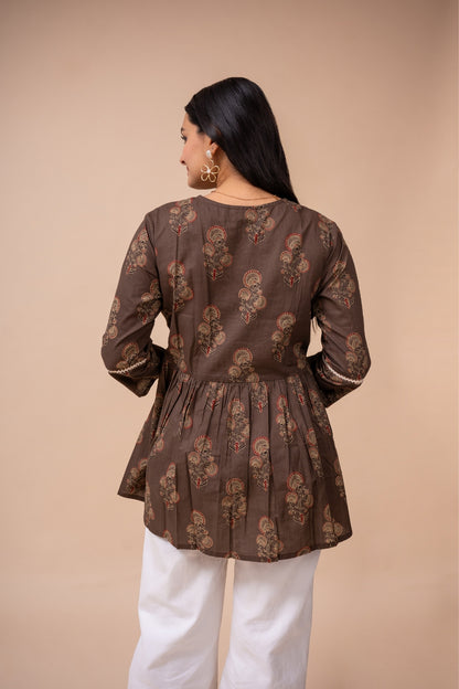 Ekisha's women brown floral printed cotton tunic top short kurti, back view