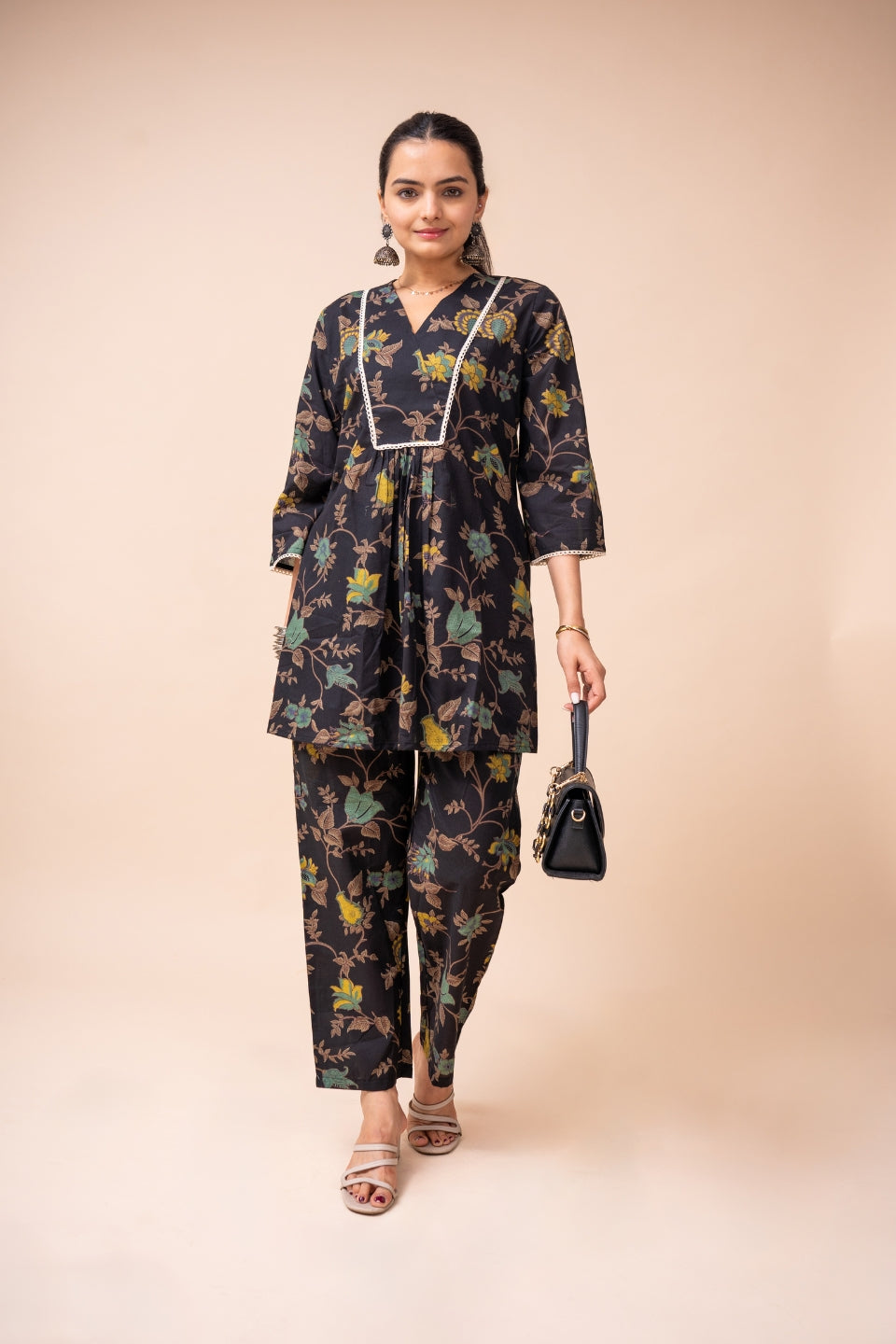 Ekisha's women black multicolor floral printed cotton co-ord set lounge wear, front view