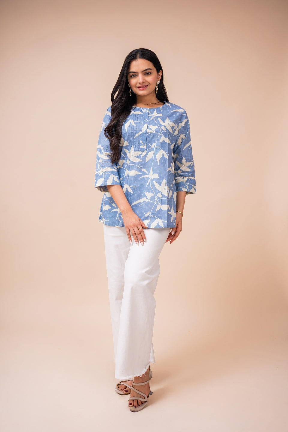 Ekisha's women blue white floral designer printed cotton tunic top short kurti, front view