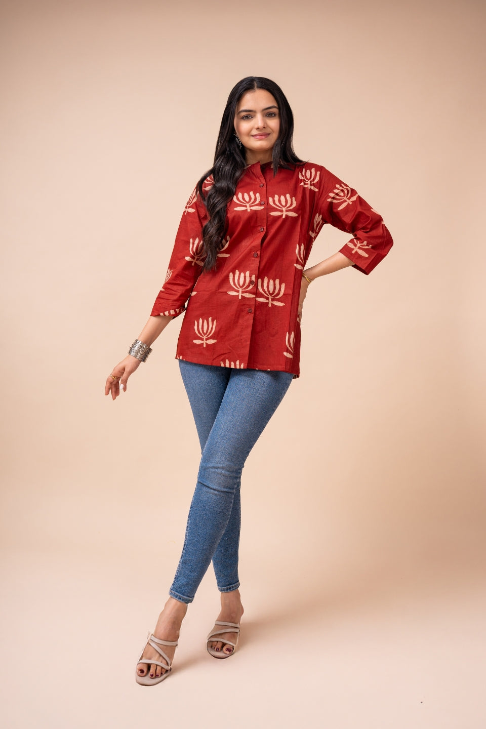 Ekisha's women maroon designer printed cotton tunic top short kurti, front view