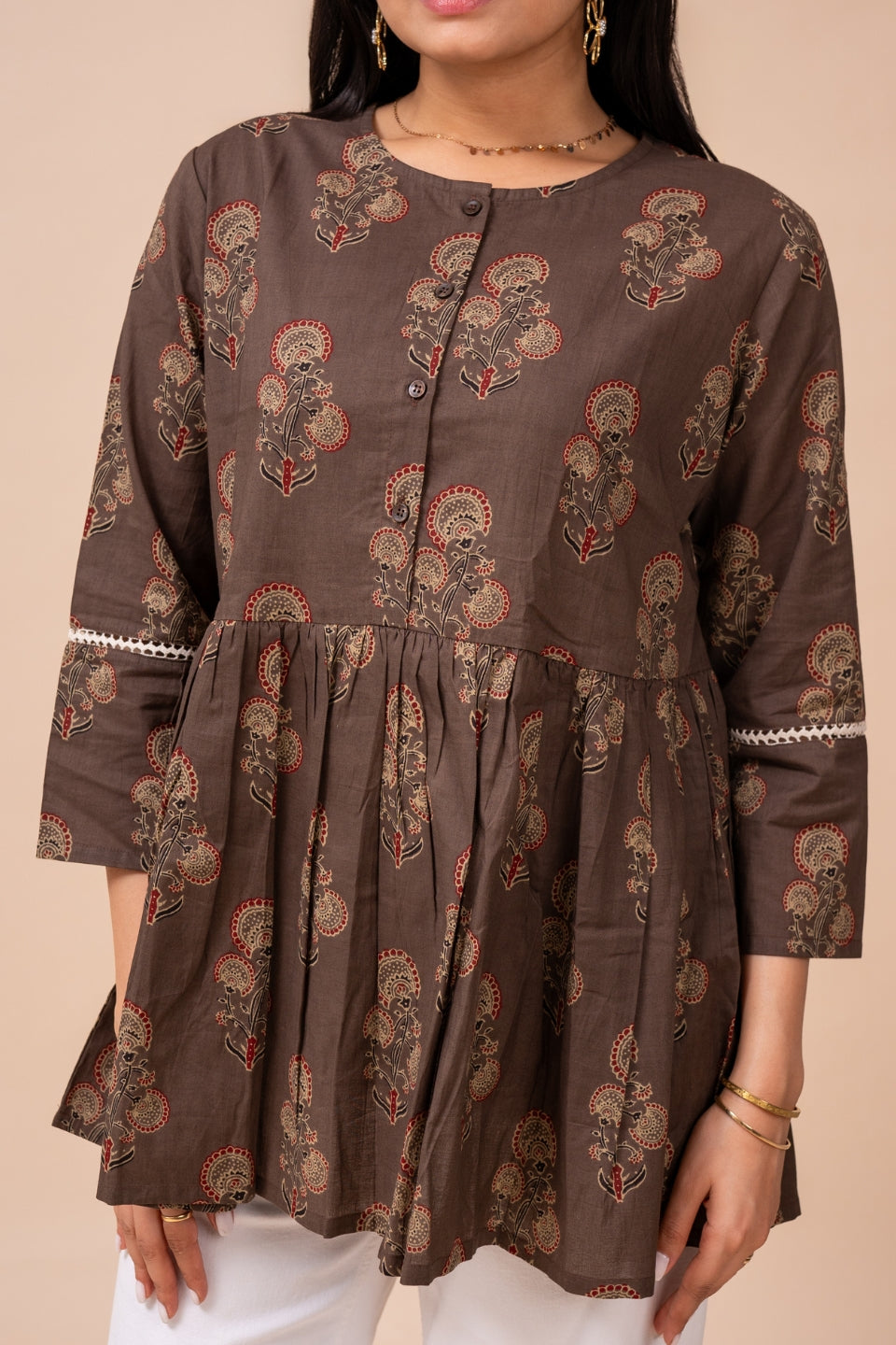 Ekisha's women brown floral printed cotton tunic top short kurti, detailed view