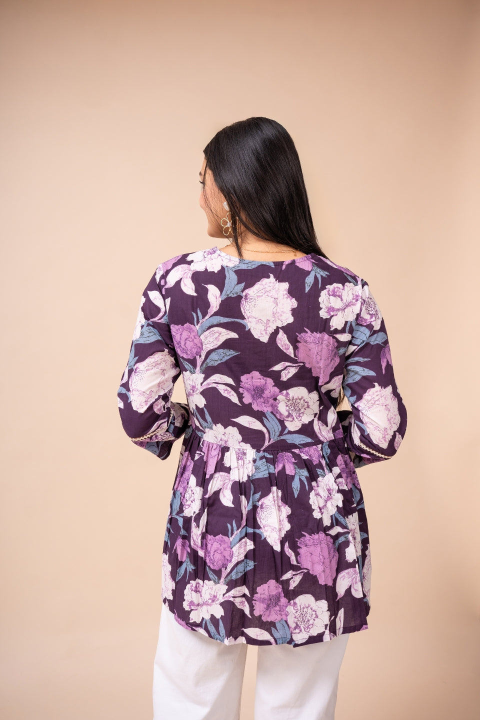 Ekisha's women dark purple floral printed cotton tunic top short kurti, back view