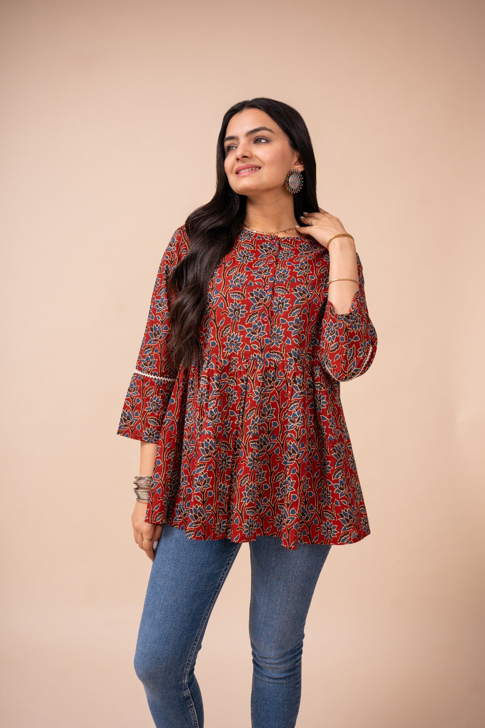 Ekisha's women marron ajrak floral printed cotton tunic top short kurti, front view