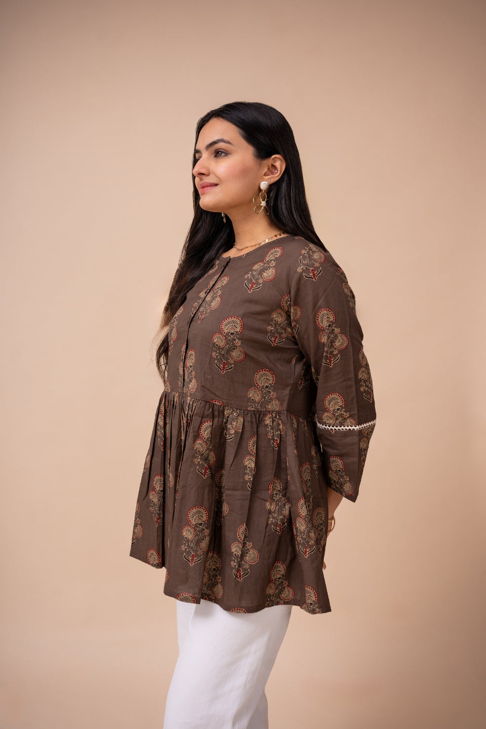 Ekisha's women brown floral printed cotton tunic top short kurti, side view