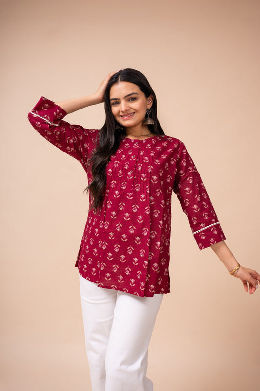 Ekisha's women dark pink floral modern printed cotton tunic top short kurti, front view