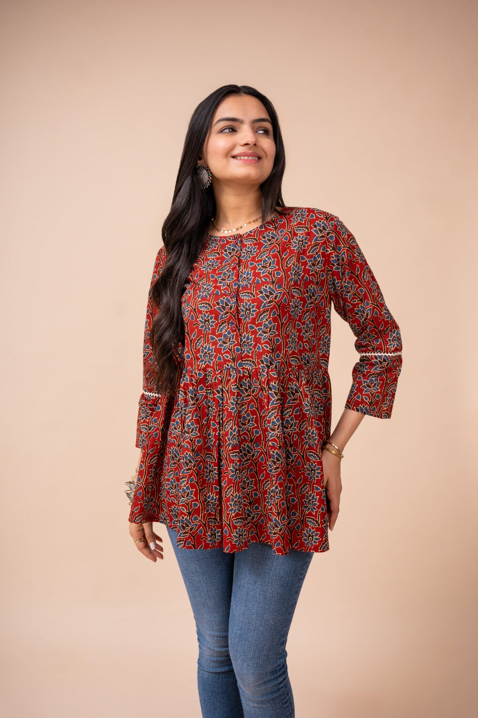 Ekisha's women marron ajrak floral printed cotton tunic top short kurti, side view