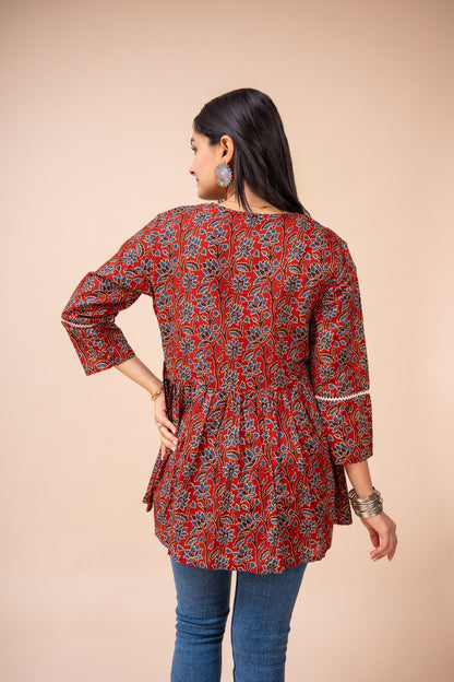 Ekisha's women marron ajrak floral printed cotton tunic top short kurti, back view