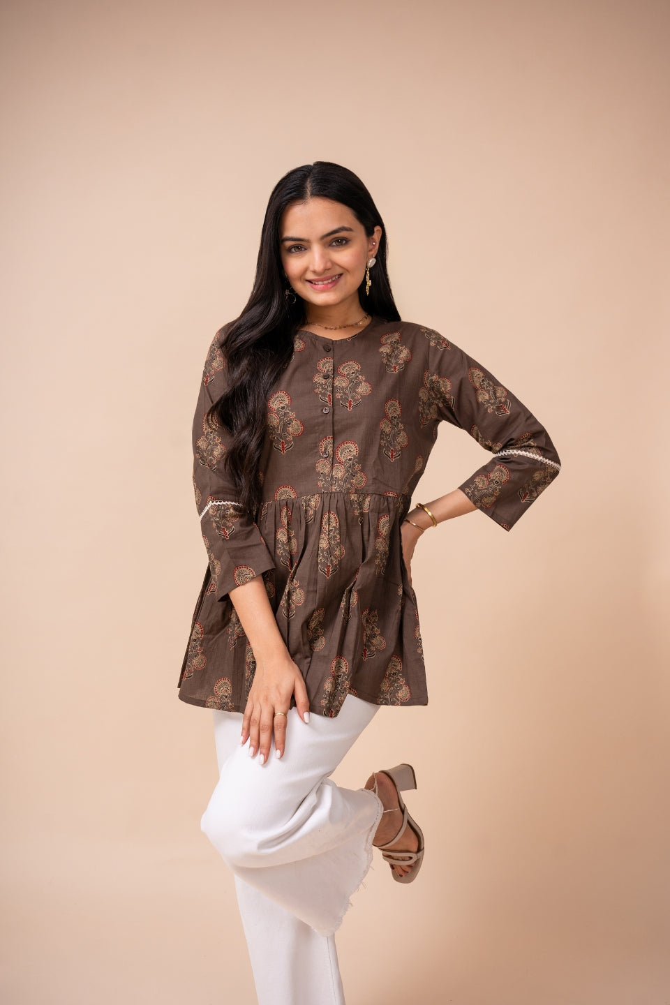 Ekisha's women brown floral printed cotton tunic top short kurti, front view 2