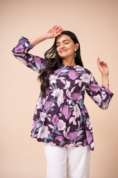 Ekisha's women dark purple floral printed cotton tunic top short kurti, front view 2