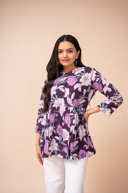 Ekisha's women dark purple floral printed cotton tunic top short kurti, detailed view