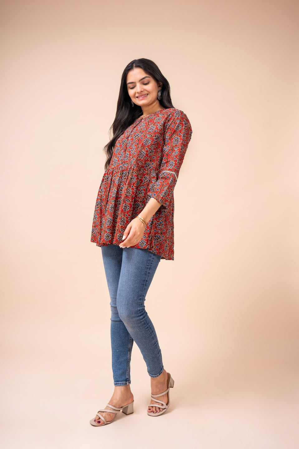 Ekisha's women marron ajrak floral printed cotton tunic top short kurti, side view 2