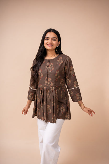 Ekisha's women brown floral printed cotton tunic top short kurti, front view 3