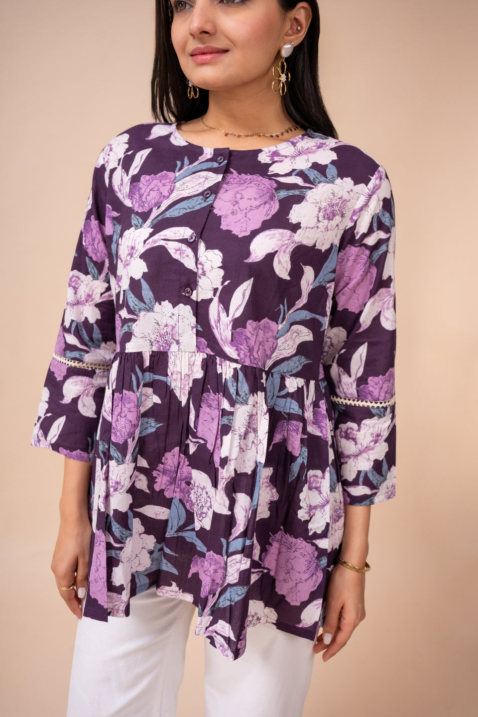 Ekisha's women dark purple floral printed cotton tunic top short kurti, detailed view 3