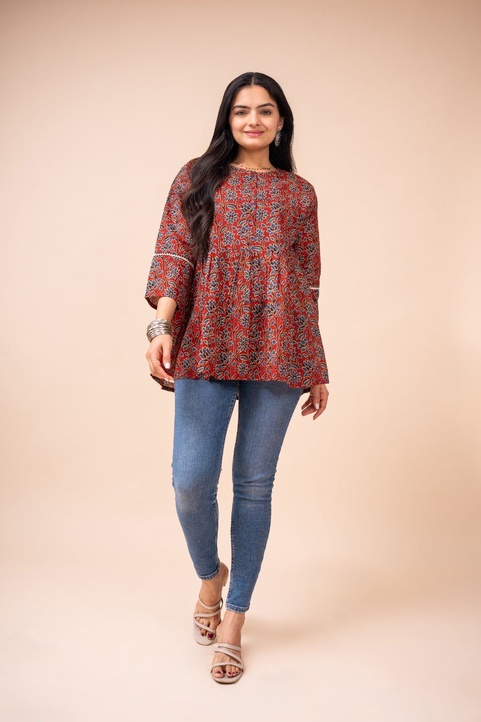 Ekisha's women marron ajrak floral printed cotton tunic top short kurti, front view 2