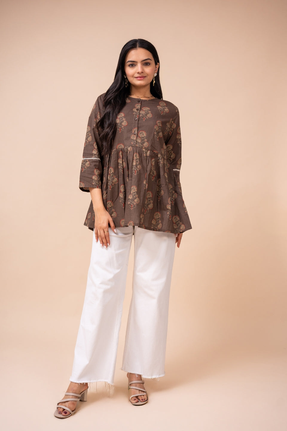 Ekisha's women brown floral printed cotton tunic top short kurti, front view