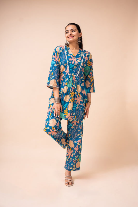 Ekisha's women blue multicolor floral printed cotton co-ord set lounge wear, front view