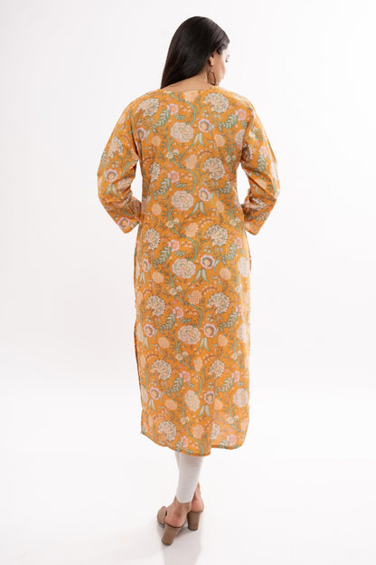 Ekisha women's cotton yellow printed straight floral kurta kurti round neck, back view