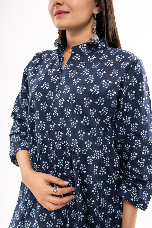 Ekisha's women dark blue floral printed cotton tunic top short kurti, detailed side view