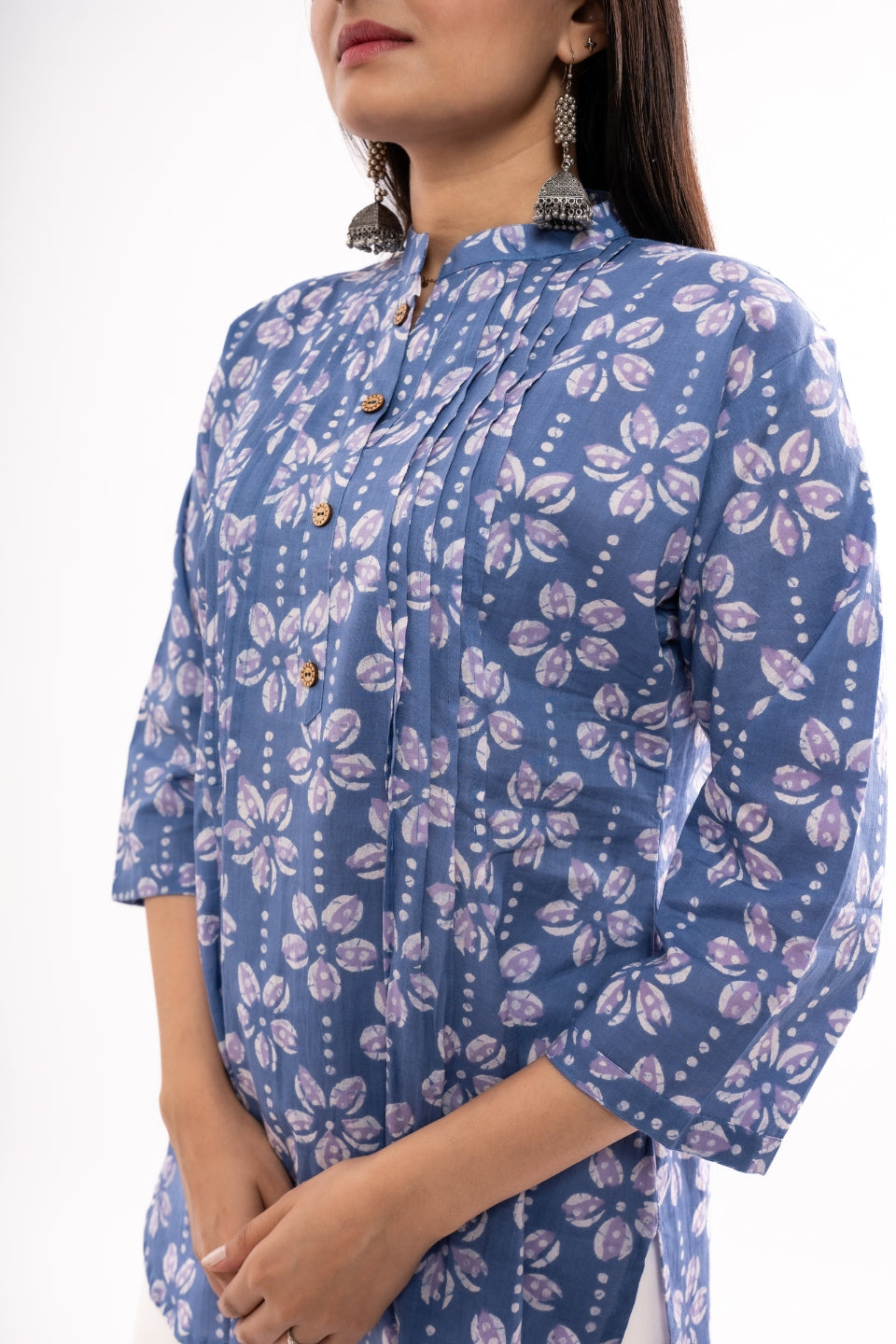 Ekisha's women blue floral printed cotton tunic top short kurti, another side view