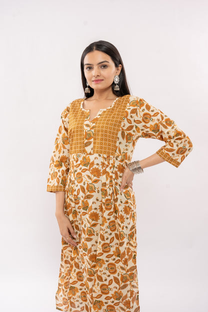 Ekisha's women cotton printed mustard multicolor kurta and pant set,  detailed view