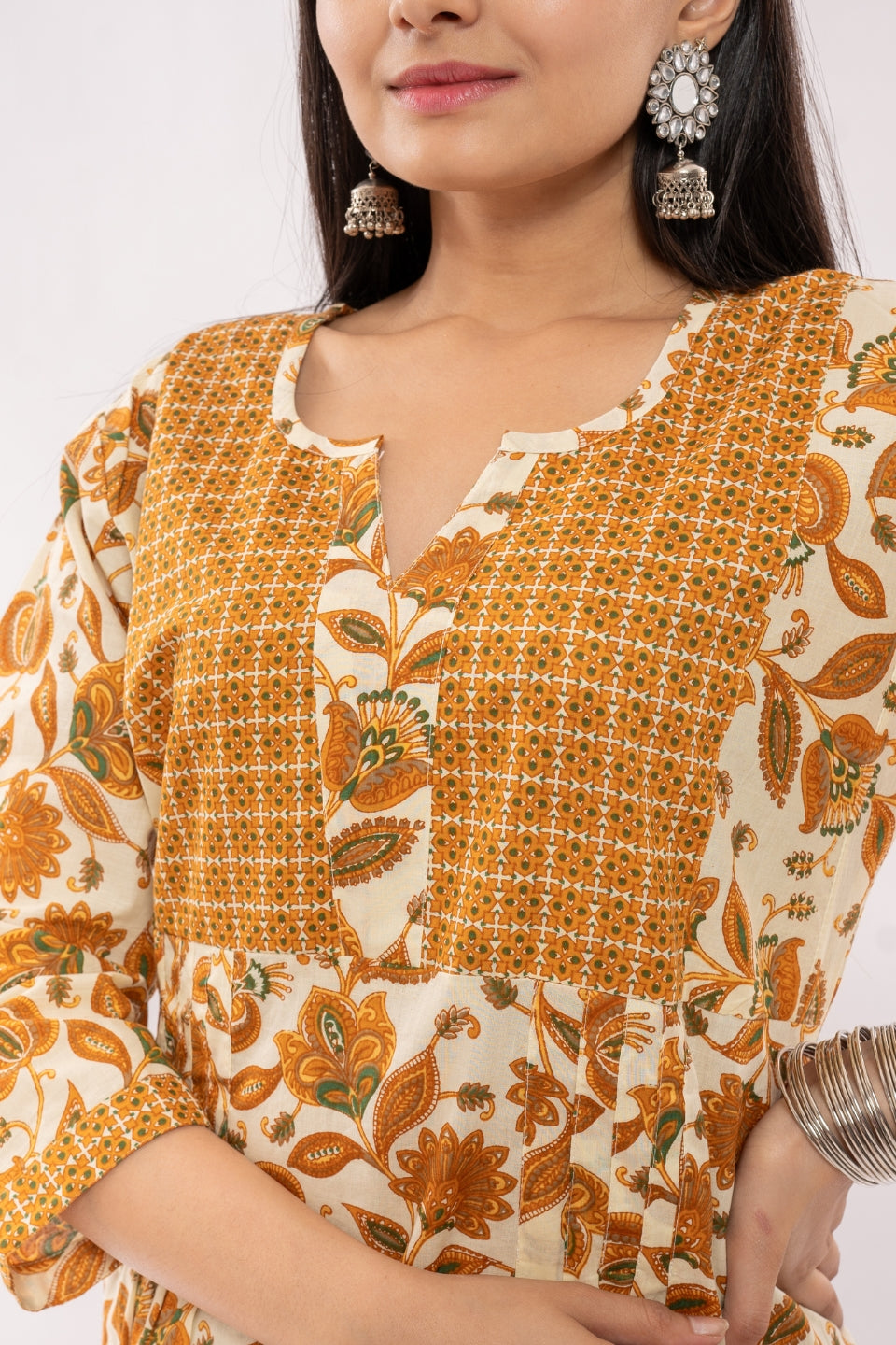 Ekisha's women cotton printed mustard multicolor kurta and pant set, detail view