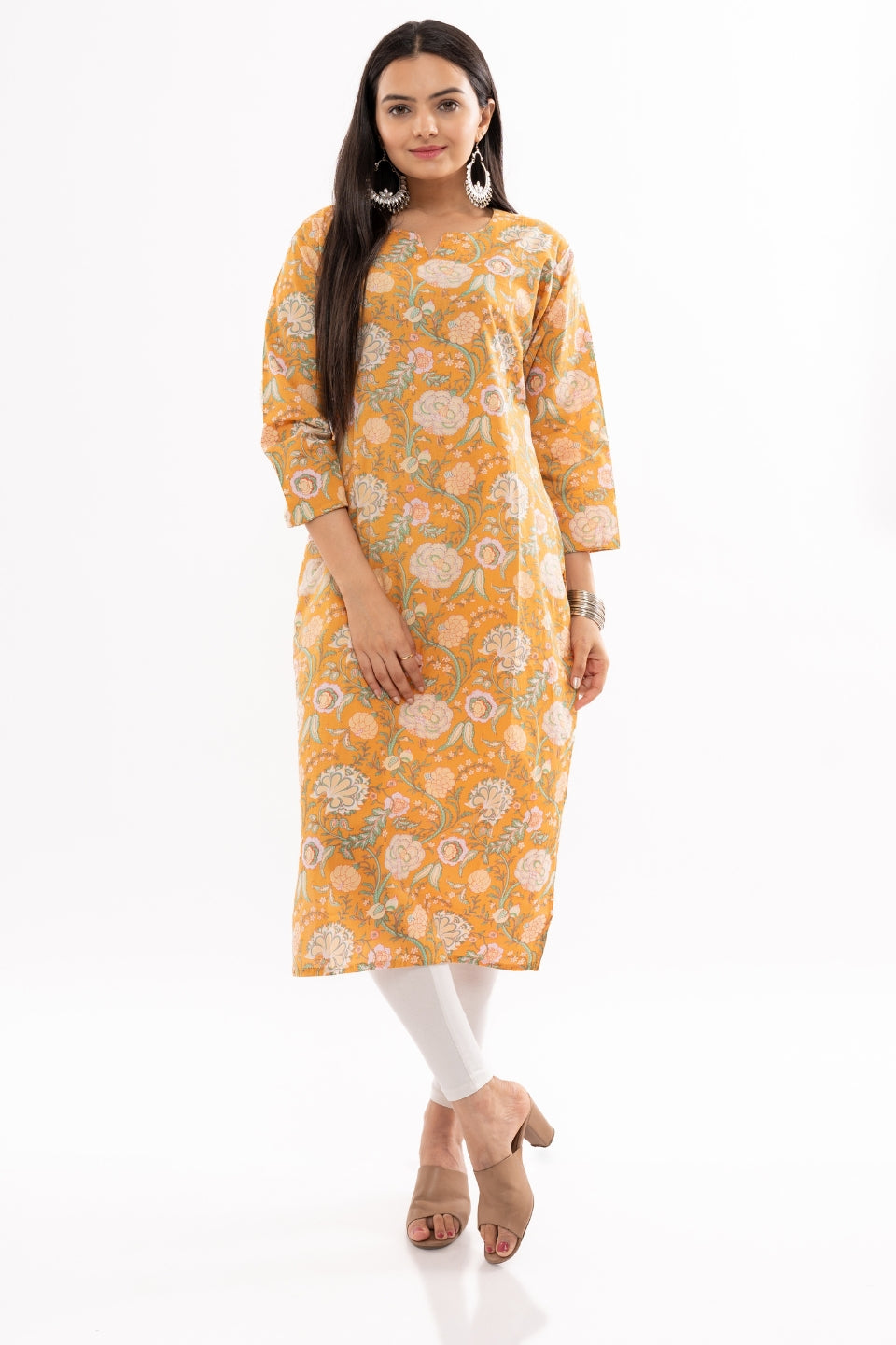 Ekisha women's cotton yellow printed straight floral kurta kurti round neck, front view