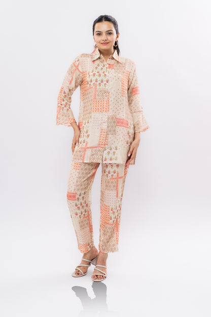 Ekisha's women muslin printed chickoo abstract co-ord set, front view