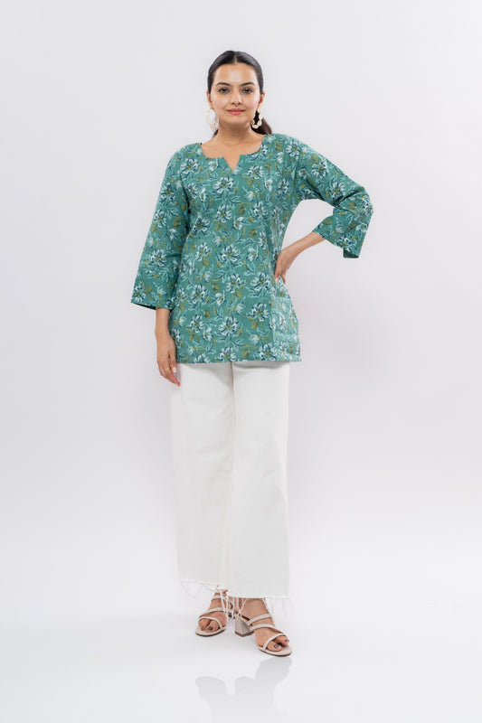 Ekisha's women light rama floral multicolor printed cotton tunic top short kurti, front view