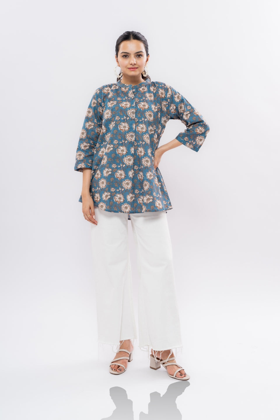 Ekisha's women blue designer multicolor printed cotton tunic top short kurti, front view