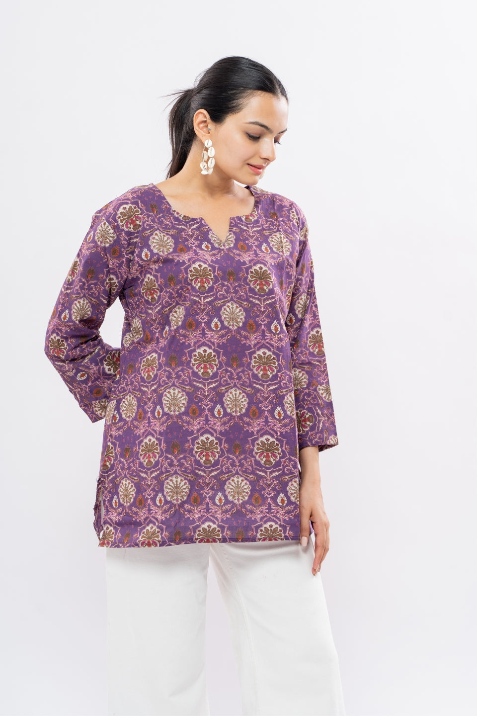 Ekisha's women dark purple floral multicolor printed cotton tunic top short kurti, side view