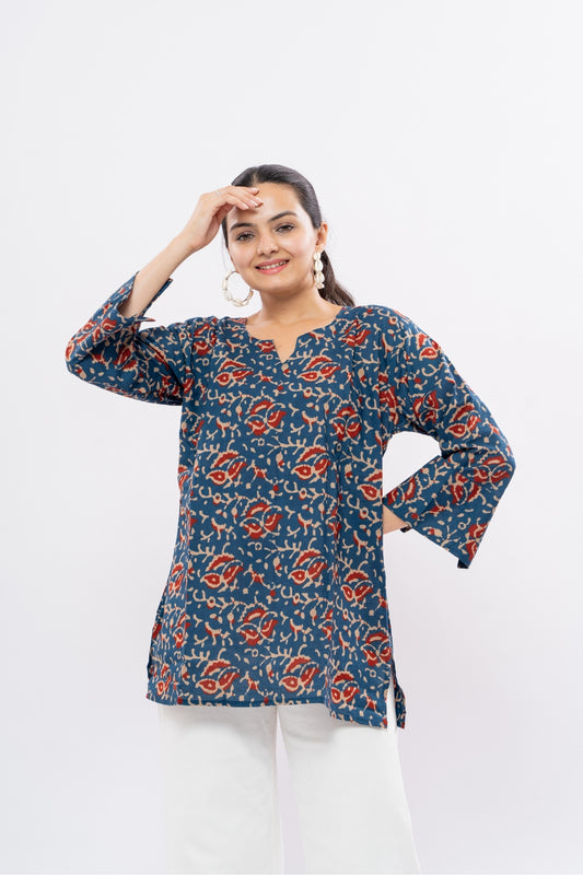 Ekisha's women dark blue ajrak multicolor printed cotton tunic top short kurti, detailed view 