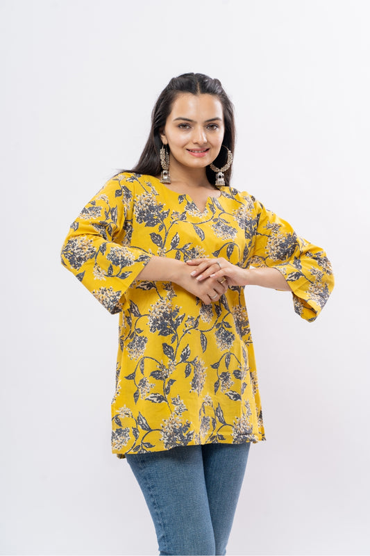 Ekisha's women yellow floral multicolor printed cotton tunic top short kurti, detailed view