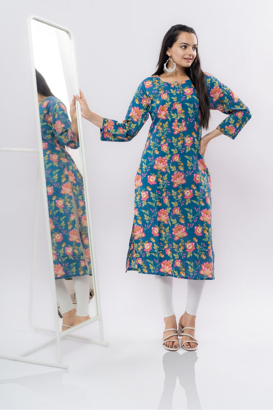 Ekisha women's cotton blue multicolor floral printed straight kurta kurti, front side view