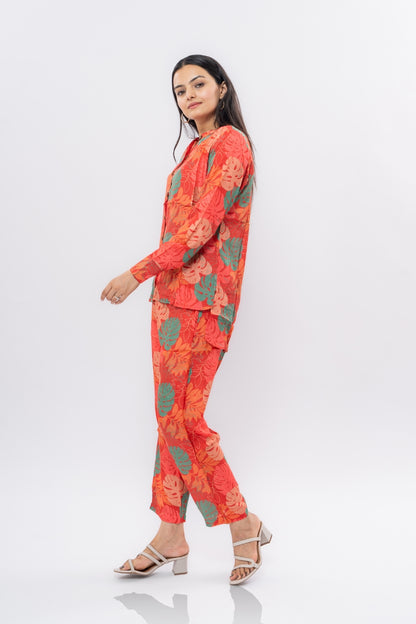 Ekisha's women muslin printed red floral co-ord set, side view