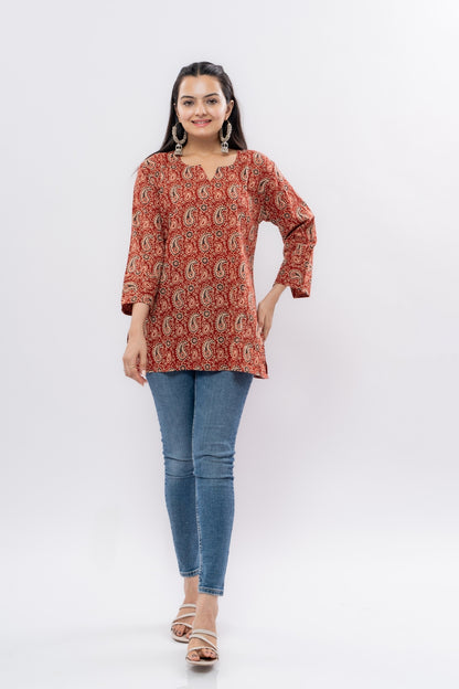 Ekisha's women maroon kalamkari multicolor printed cotton tunic top short kurti, front view