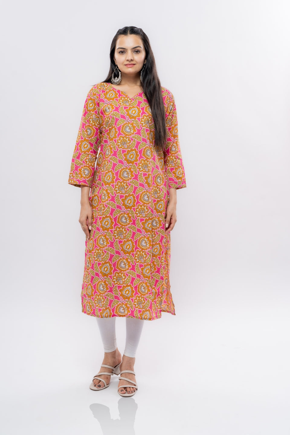 Ekisha women's cotton rani multicolor floral printed straight kurta kurti, front view