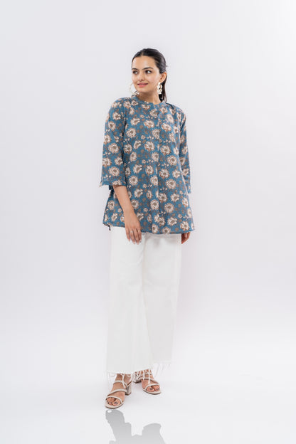 Ekisha's women blue designer multicolor printed cotton tunic top short kurti, front view 2