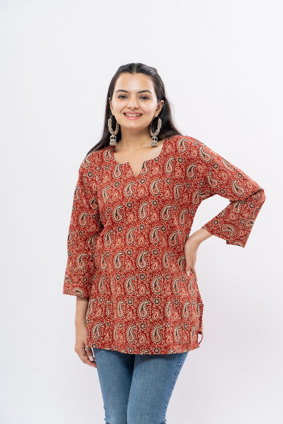Ekisha's women maroon kalamkari multicolor printed cotton tunic top short kurti, detailed view 1