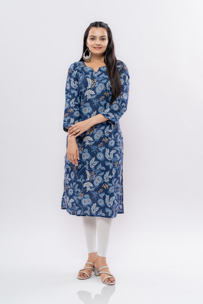 Ekisha women's cotton blue designer multicolor floral printed straight kurta kurti, front view 2