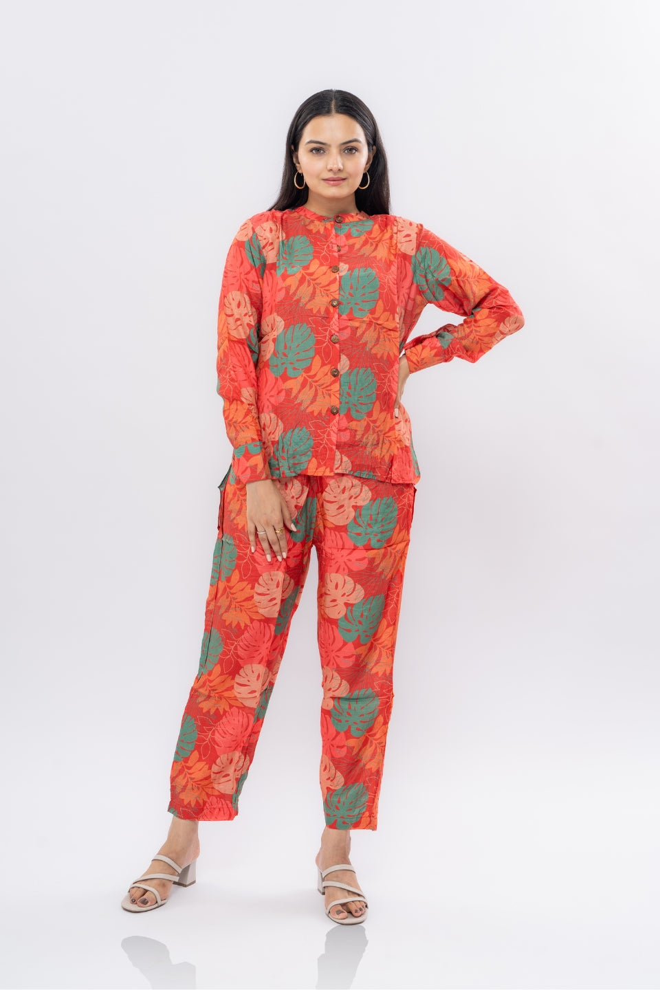 Ekisha's women muslin printed red floral co-ord set, front view