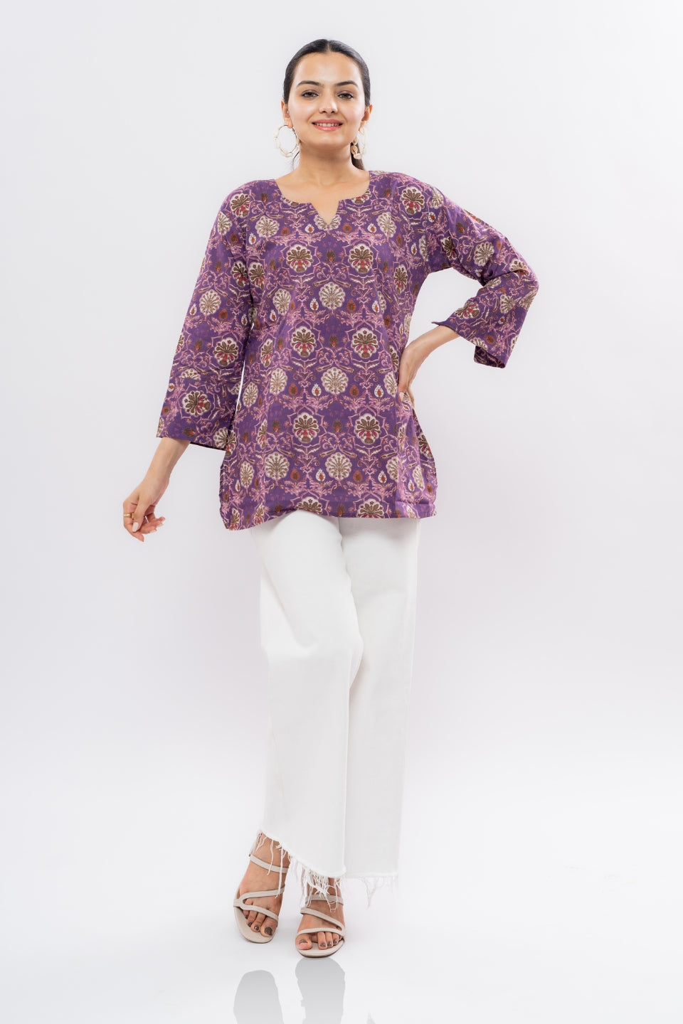 Ekisha's women dark purple floral multicolor printed cotton tunic top short kurti, front view