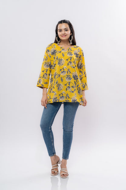 Ekisha's women yellow floral multicolor printed cotton tunic top short kurti, front view