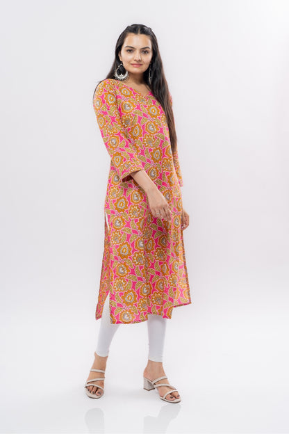 Ekisha women's cotton rani multicolor floral printed straight kurta kurti, side view