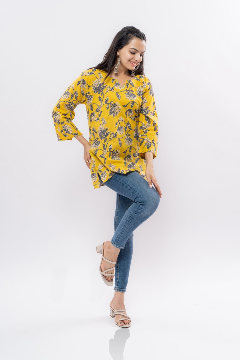 Ekisha's women yellow floral multicolor printed cotton tunic top short kurti, side view