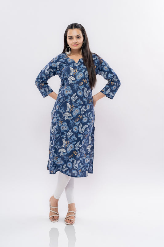 Ekisha women's cotton blue designer multicolor floral printed straight kurta kurti, front view
