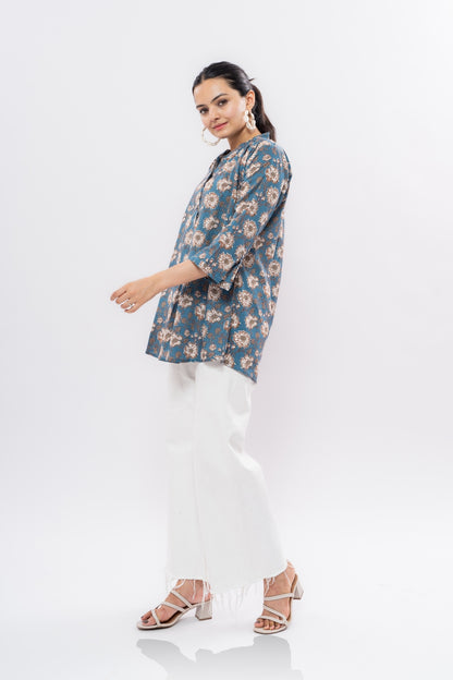 Ekisha's women blue designer multicolor printed cotton tunic top short kurti, side view