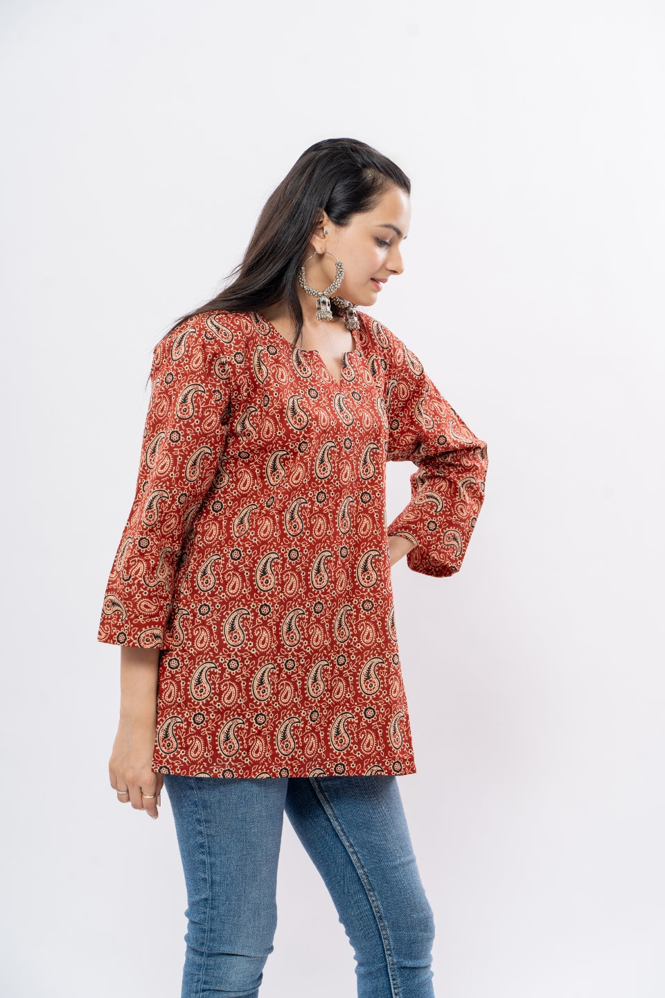 Ekisha's women maroon kalamkari multicolor printed cotton tunic top short kurti, side view